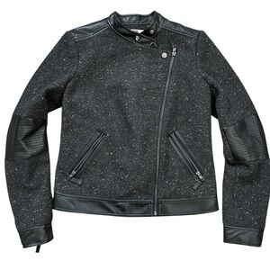 Etcetera Tweed black wool leather Zip Moto Jacket Blazer 2 Small